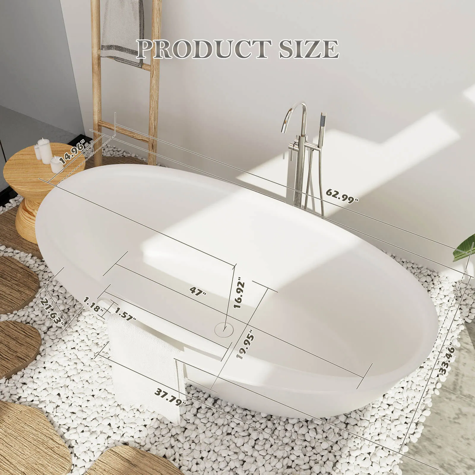 63'' Solid Surface Stone Resin Tub Freestanding Soaking Bathtub with Towel Rack Shelf