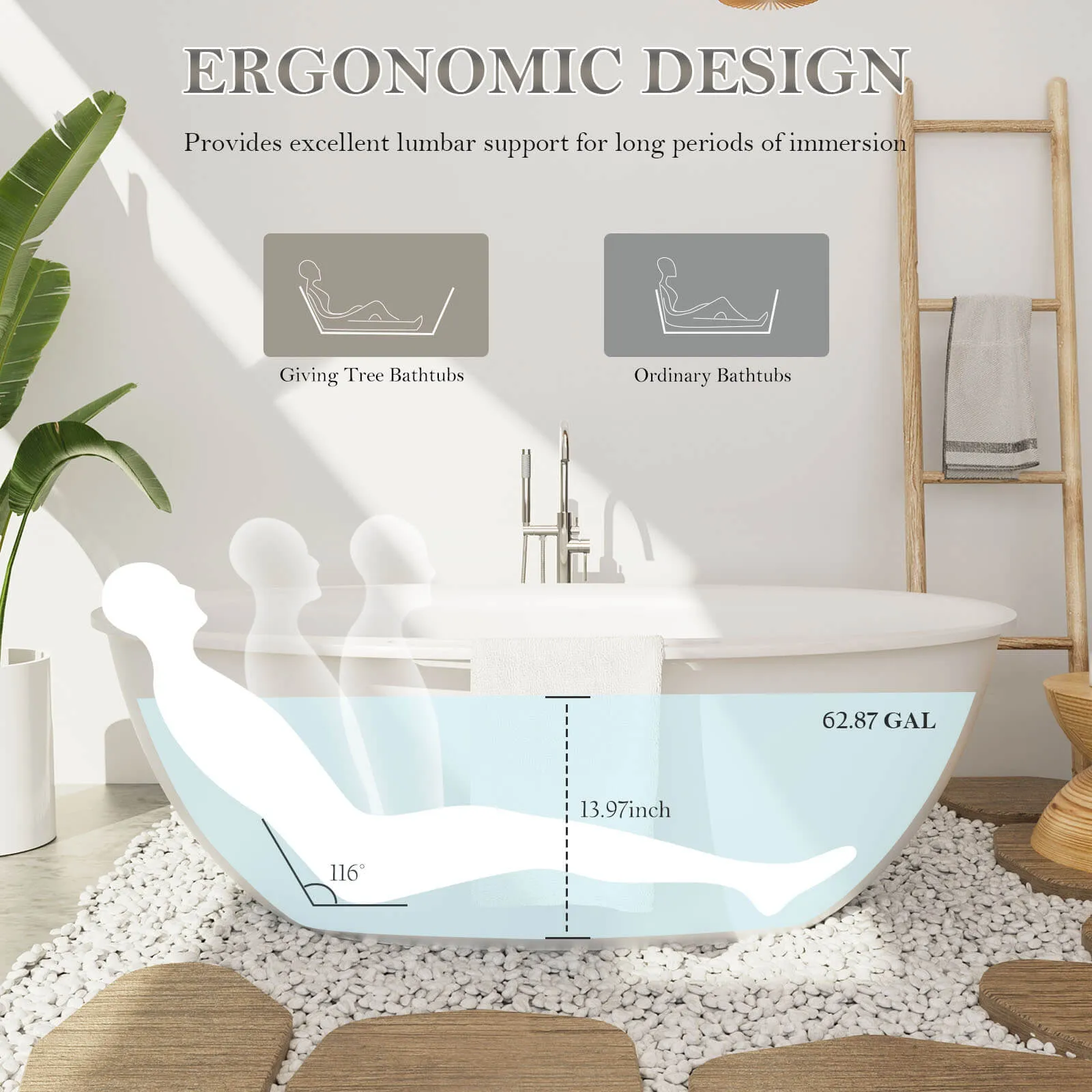 63'' Solid Surface Stone Resin Tub Freestanding Soaking Bathtub with Towel Rack Shelf