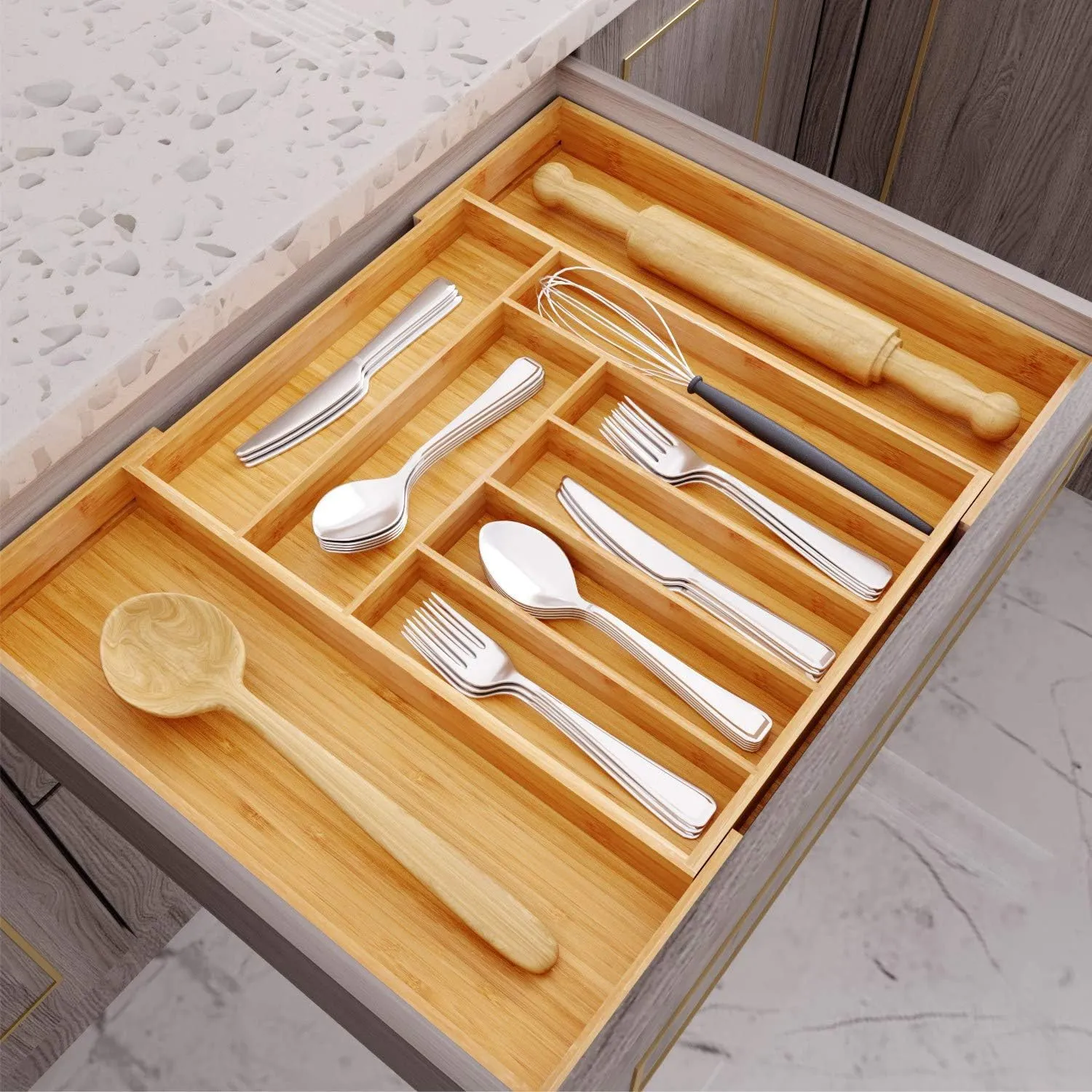 Bamboo Expandable Drawer Organizer for Utensils-9 Compartments