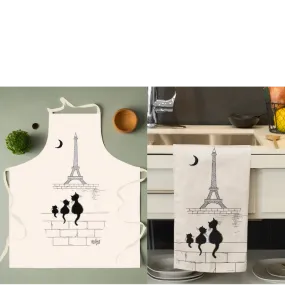 Chats Tour Eiffel Dubout Cats Apron Beige and Matching Tea Towel - Gift Set