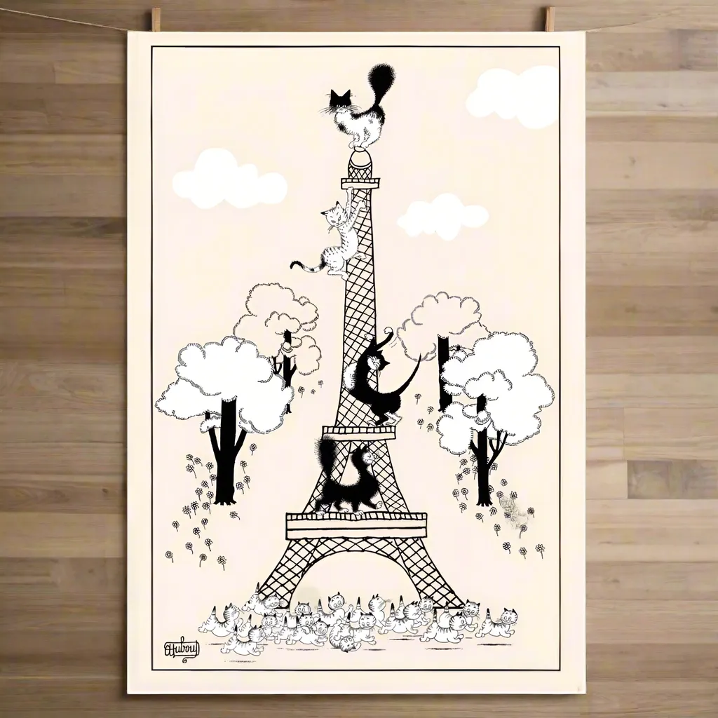 Escalade Tour Eiffel (Climbing the Eiffel Tower) Dubout Cats Tea Towel