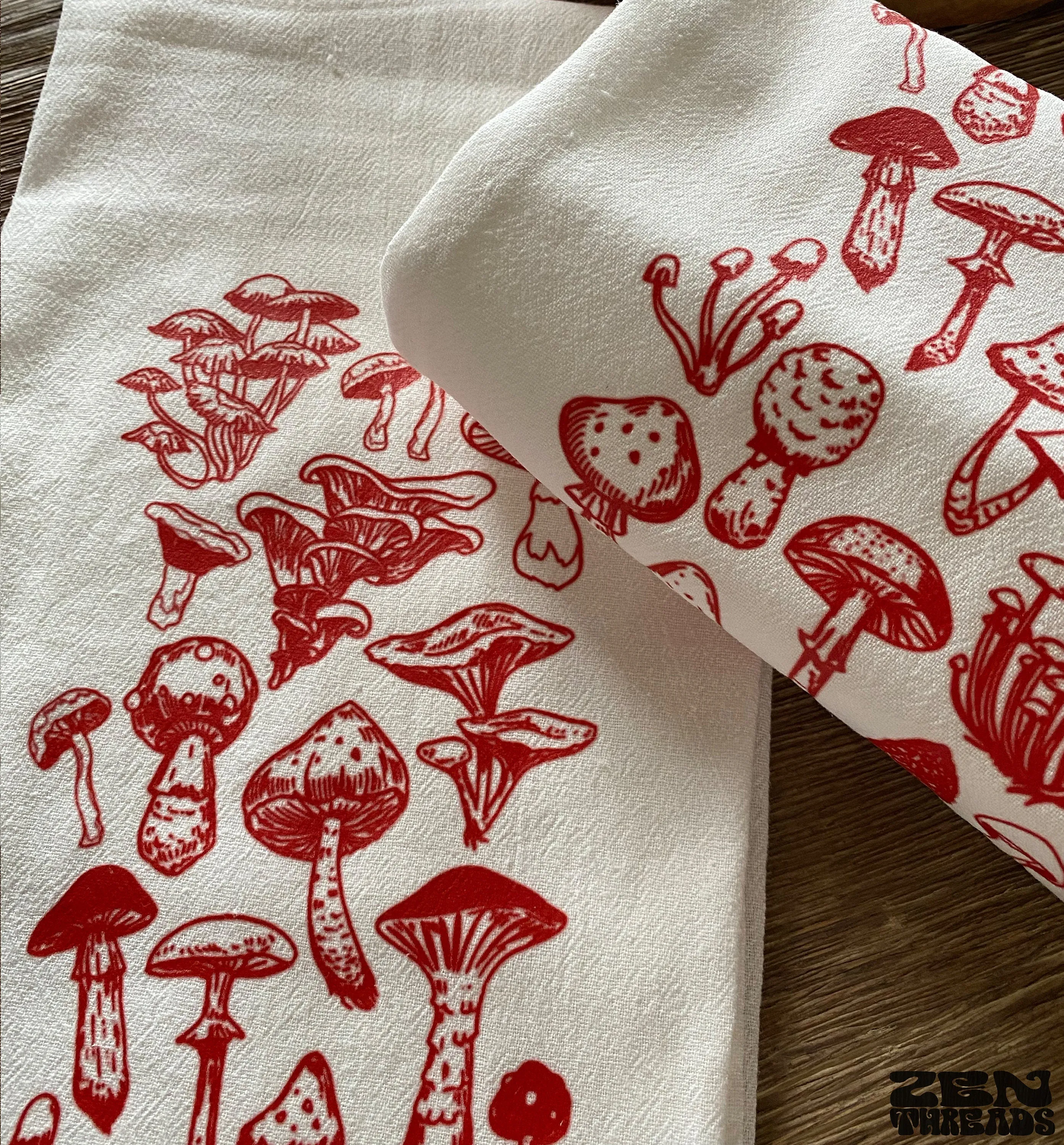 Large Flour Sack Towel Red Mushrooms Fungi Bar Kitchen Gift Organic Natural Cotton tea towel gift