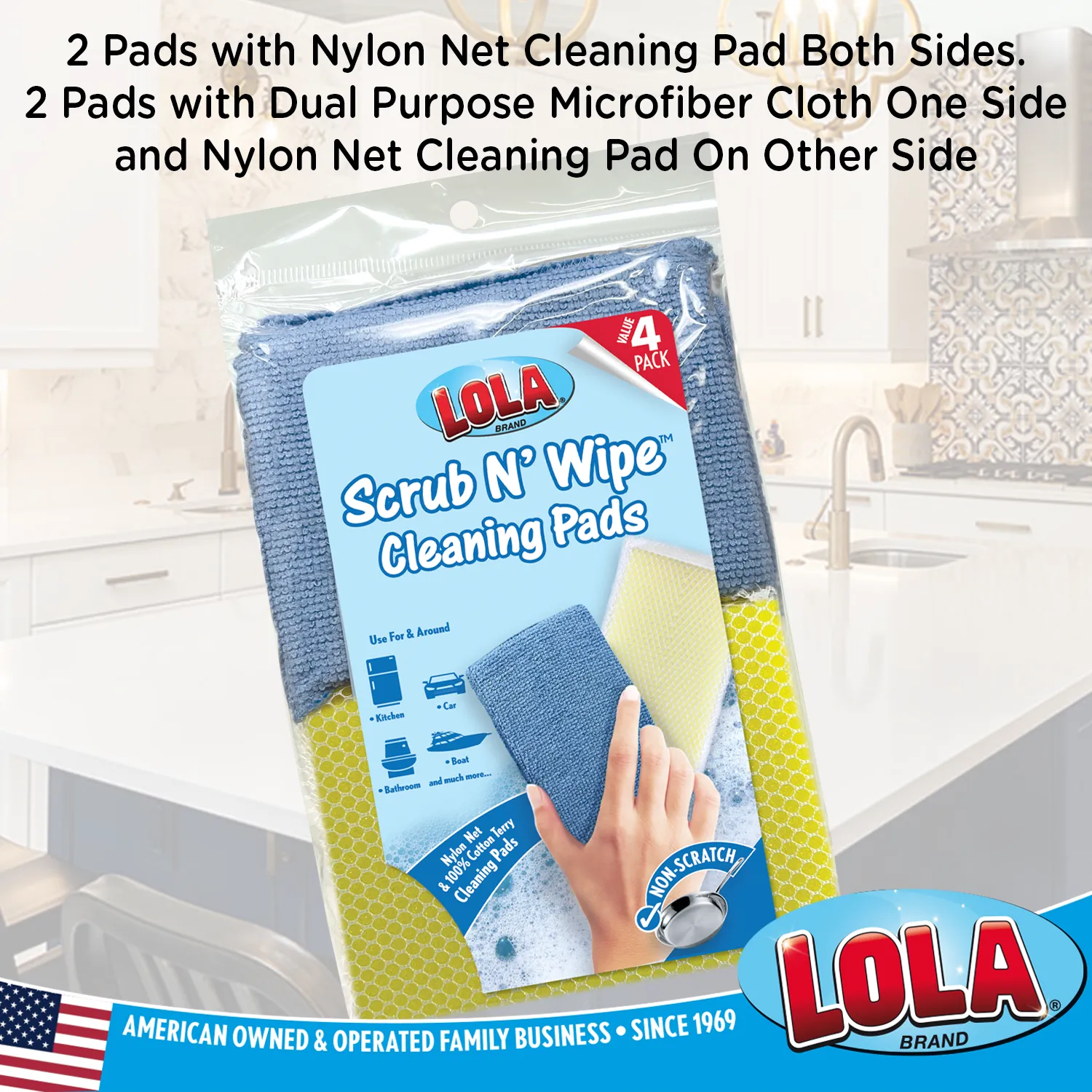 Microfiber Cloth One Side & Nylon Net Other Side -2 Pack & All Nylon Net Cleaning Pad Both Sides-2 Pack, Assorted 4 pack