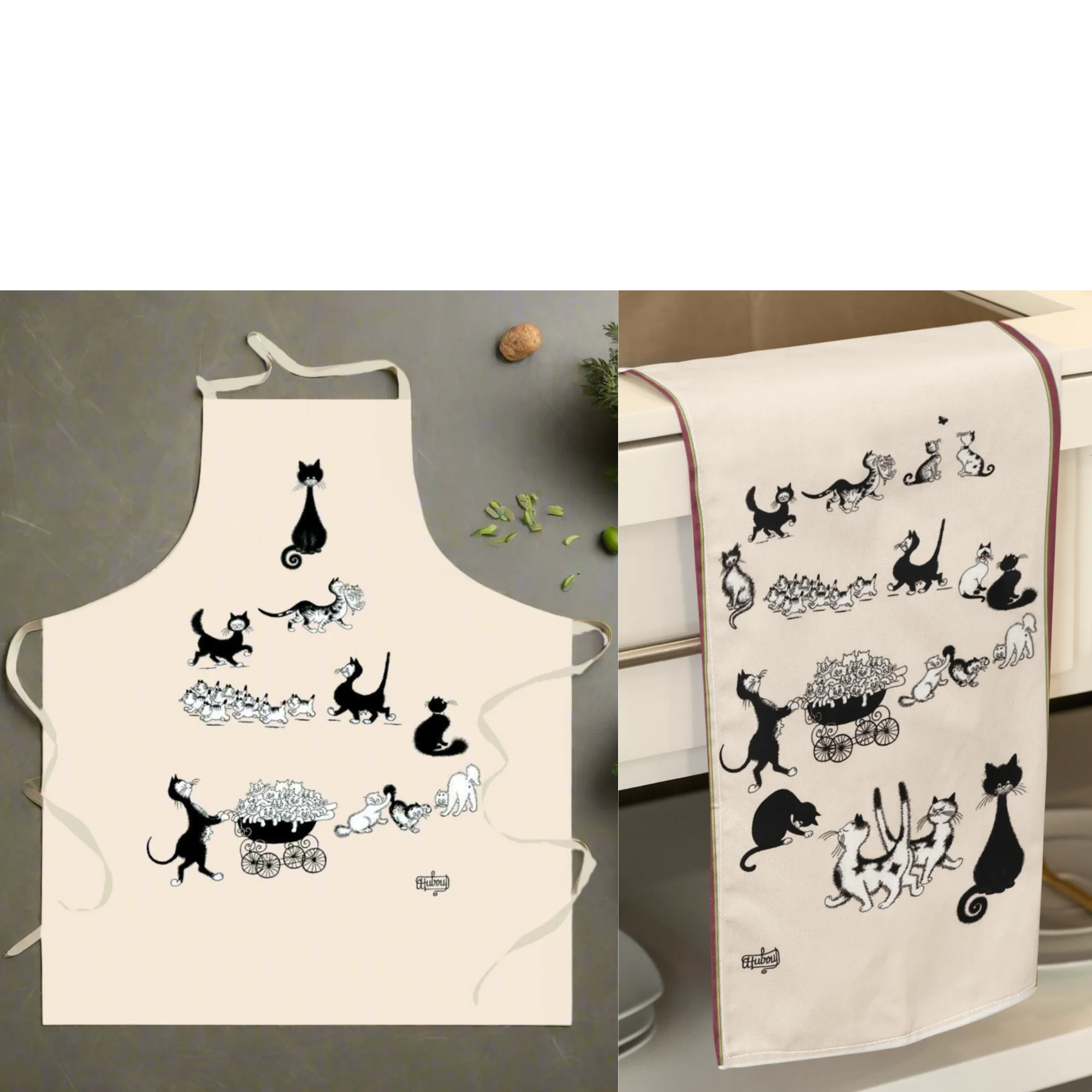 Multi Cats Dubout Cats Apron and Matching Tea Towel - Gift Set