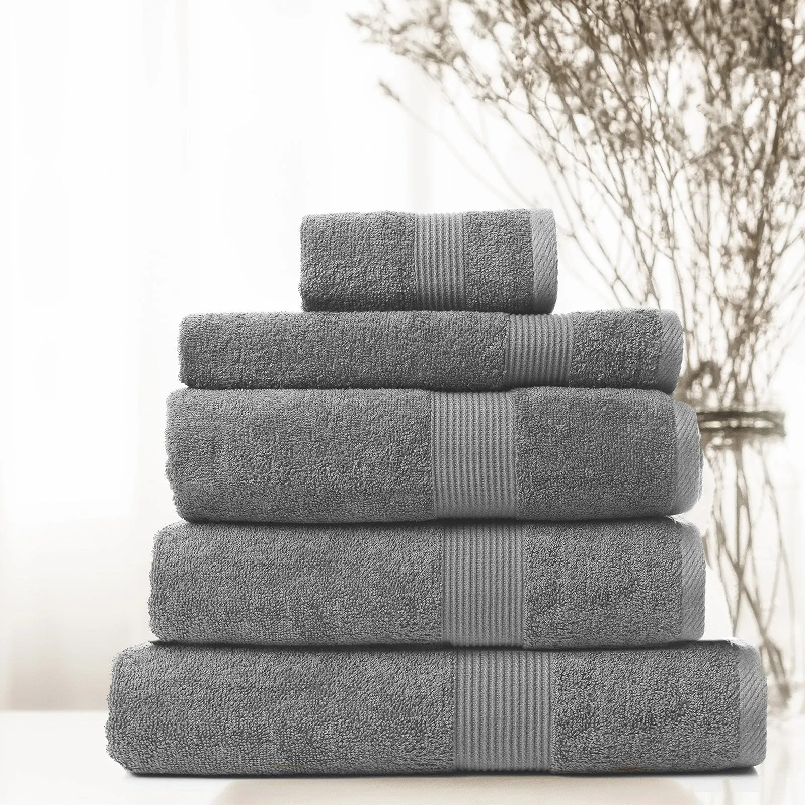 Royal Comfort 5 Piece Cotton Bamboo Towel Set 450GSM Luxurious Absorbent Plush Charcoal