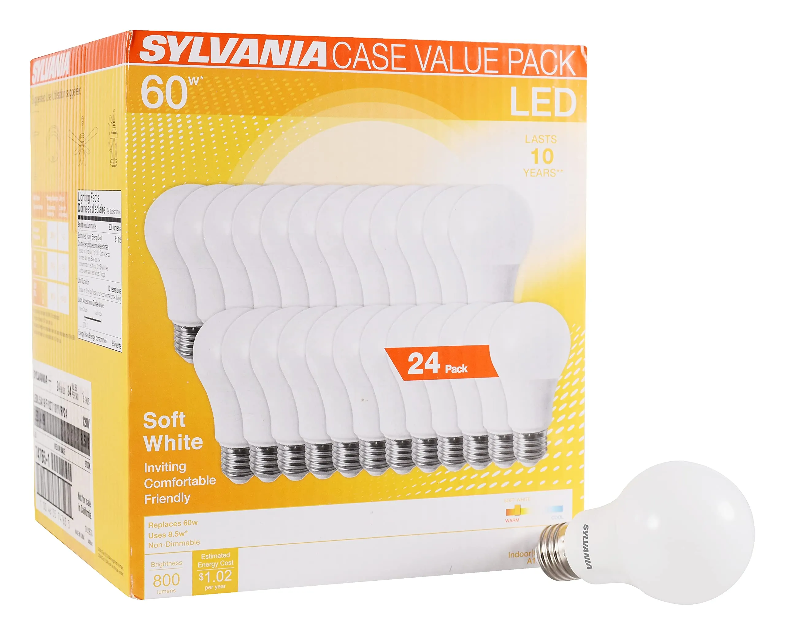 SYLVANIA LED A19 Light Bulb, 60W Equivalent, Efficient 8.5W, 10 Year, 2700K, 800 Lumens